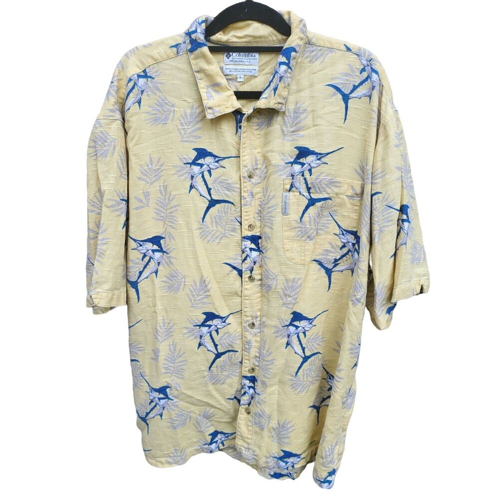 Columbia Mens Button Front XL 100% Cotton Short Sleeve Yellow Fish Print Casual